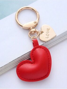 🌺 New Gold Metal & Red Heart Keychain Charm - LOVE Accent